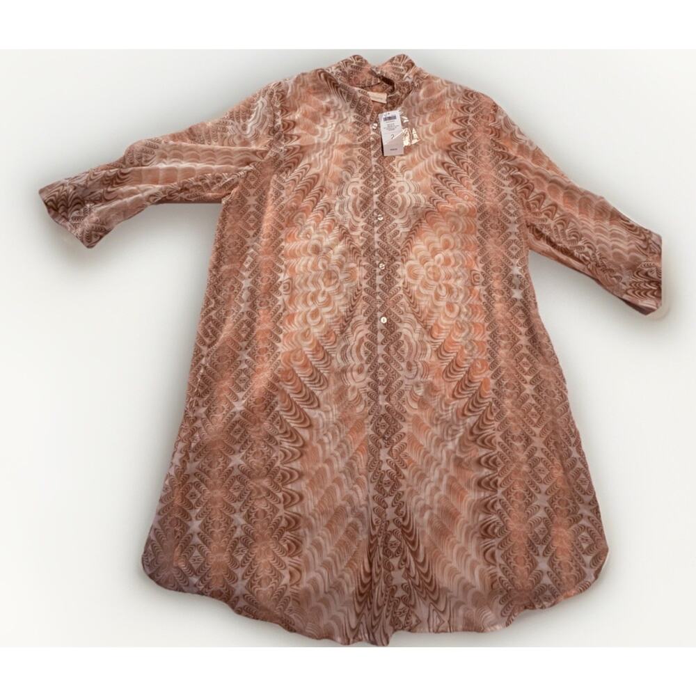 Chico's Geometric Button-Down Collared Blouse Brown Beige Long Sleeve Size 2 NWT